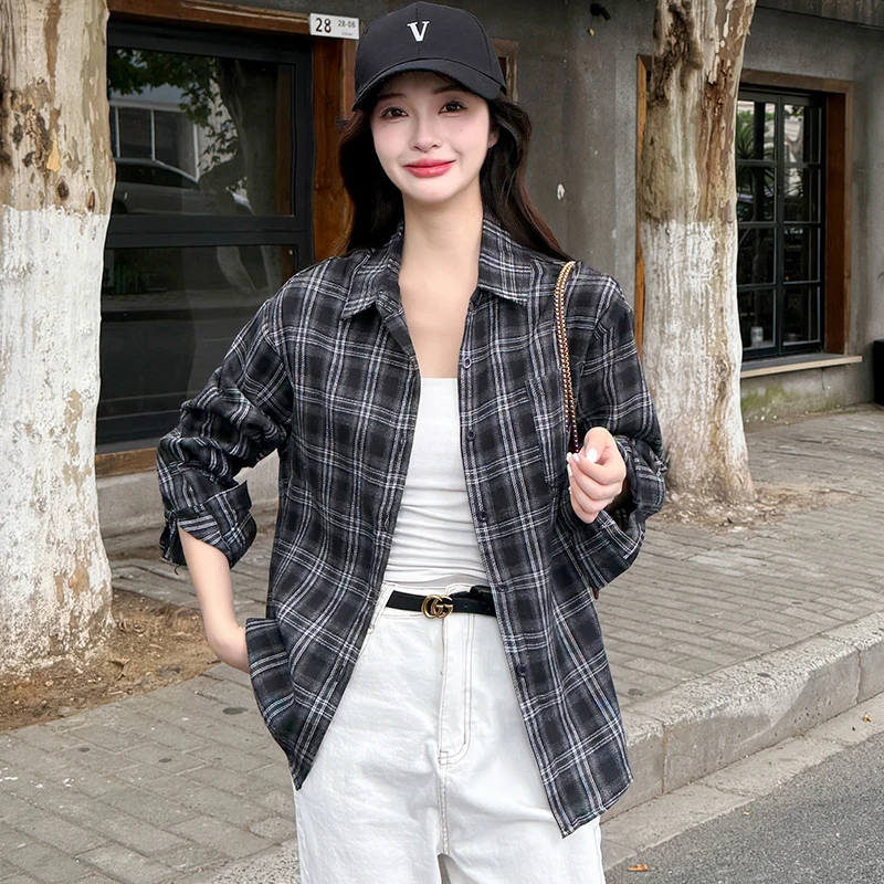 港味新款早秋法式气质设计感防晒格子衬衫女夏季通勤衬衣长袖