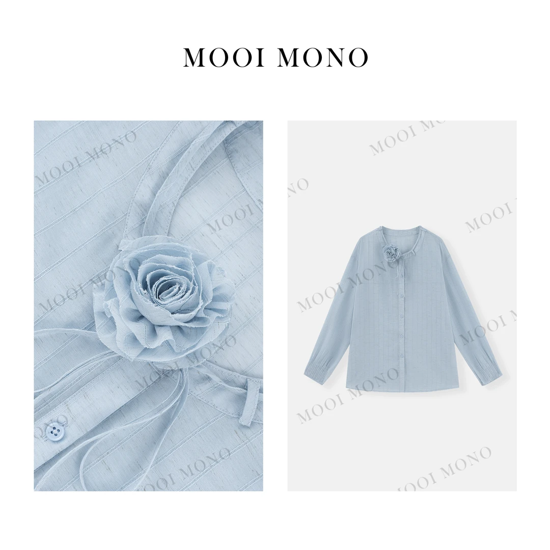 MOOI MONO"海岸阳光"显瘦气质淡蓝色长袖条纹花朵衬衫 C639S52