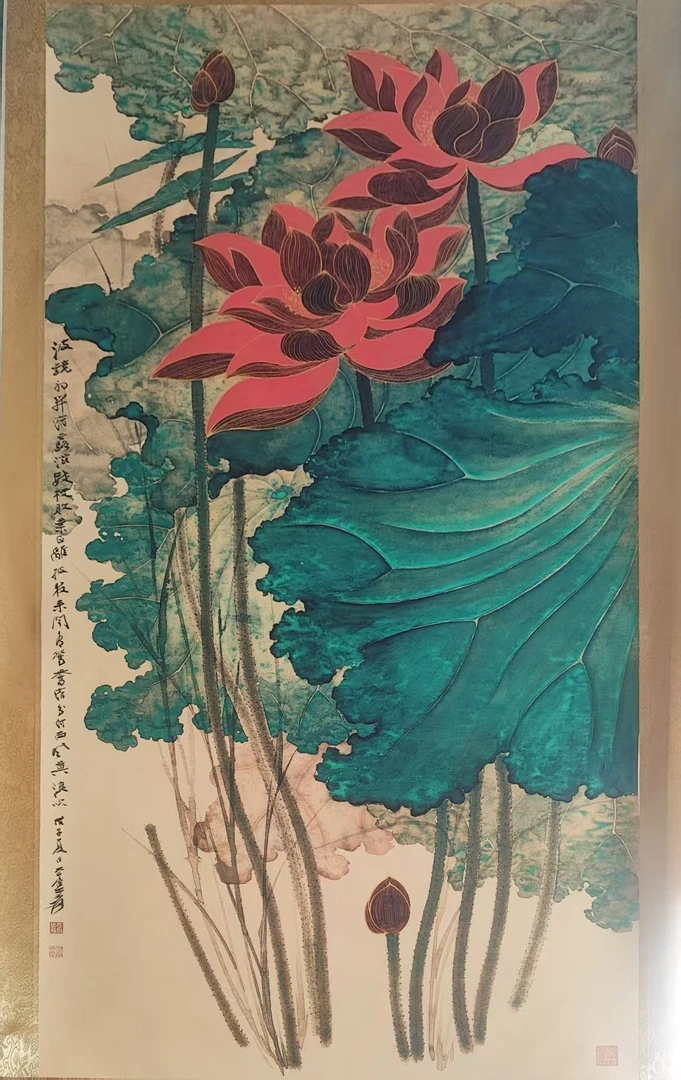 立轴张金线红荷竖款复古风格工艺好物