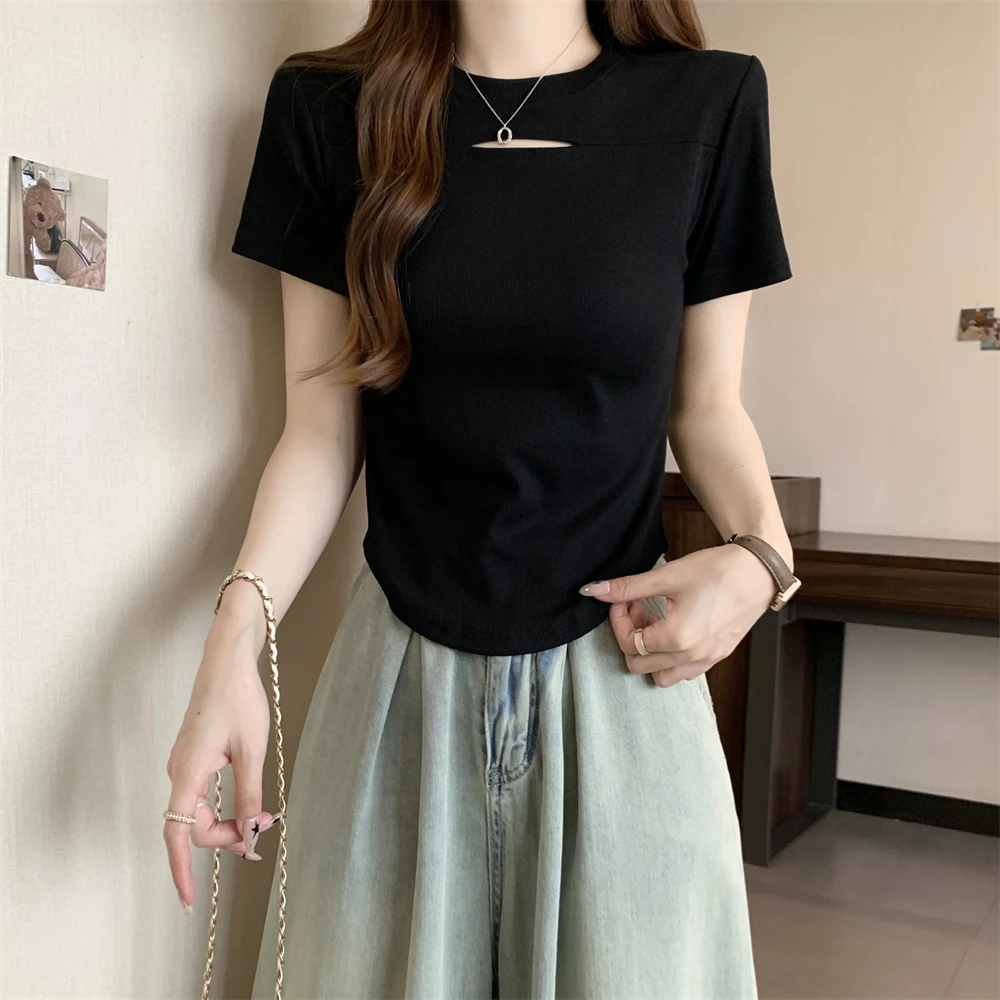 CrimsonTwilight百搭圆领正肩黑色镂空T恤小心机设计感短袖上衣