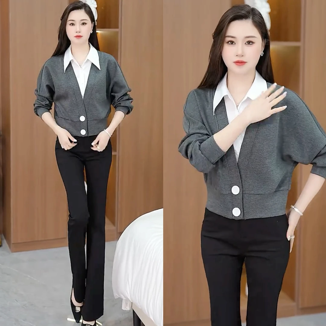 小个子40-50岁女款假两件女时尚春秋季新款百搭衬衣减龄衬衫上衣