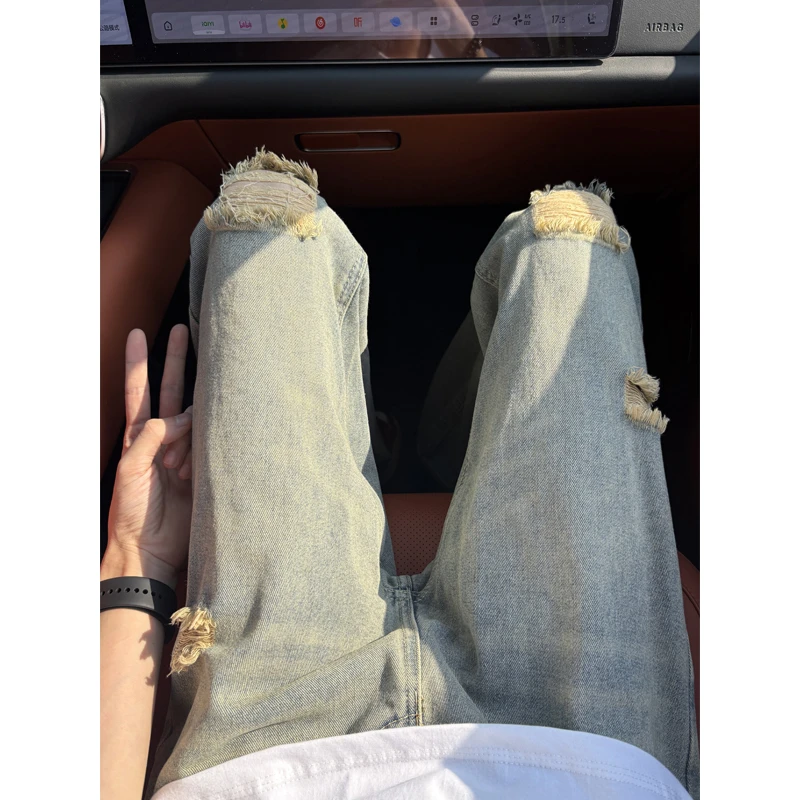 水洗复古蓝破洞牛仔裤男款夏季美式显腿长高街裤子潮牌直筒微喇裤
