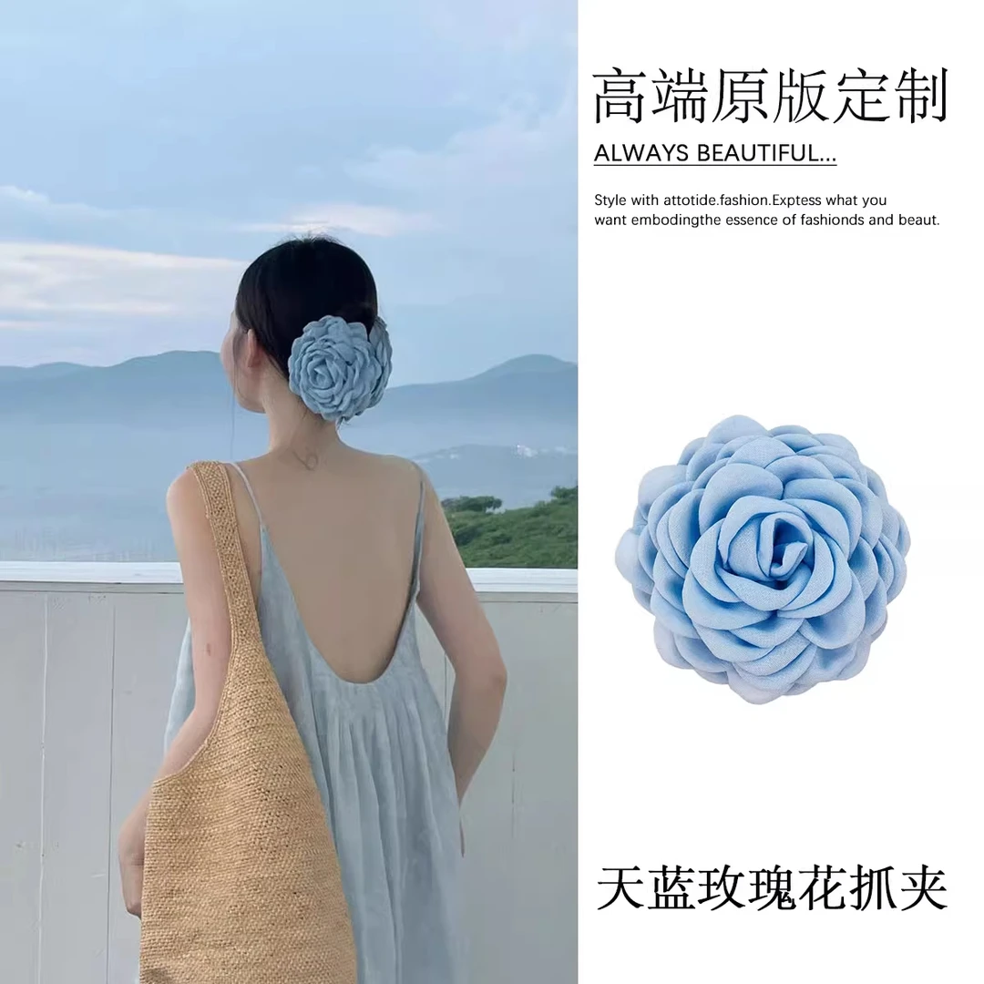 蓝色玫瑰花抓夹夏季花朵头饰大头花发夹女后脑勺发饰海边度假配饰