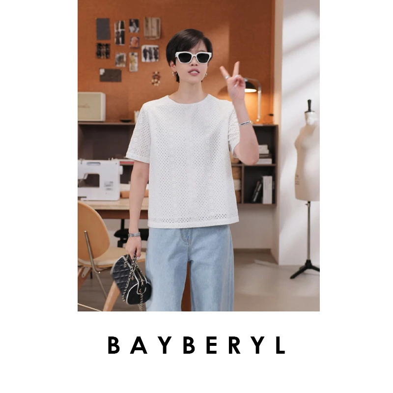 CC12-BAYBERYL老贝小白花*镂空绣花南法棉圆领短袖上衣NCY5G0303