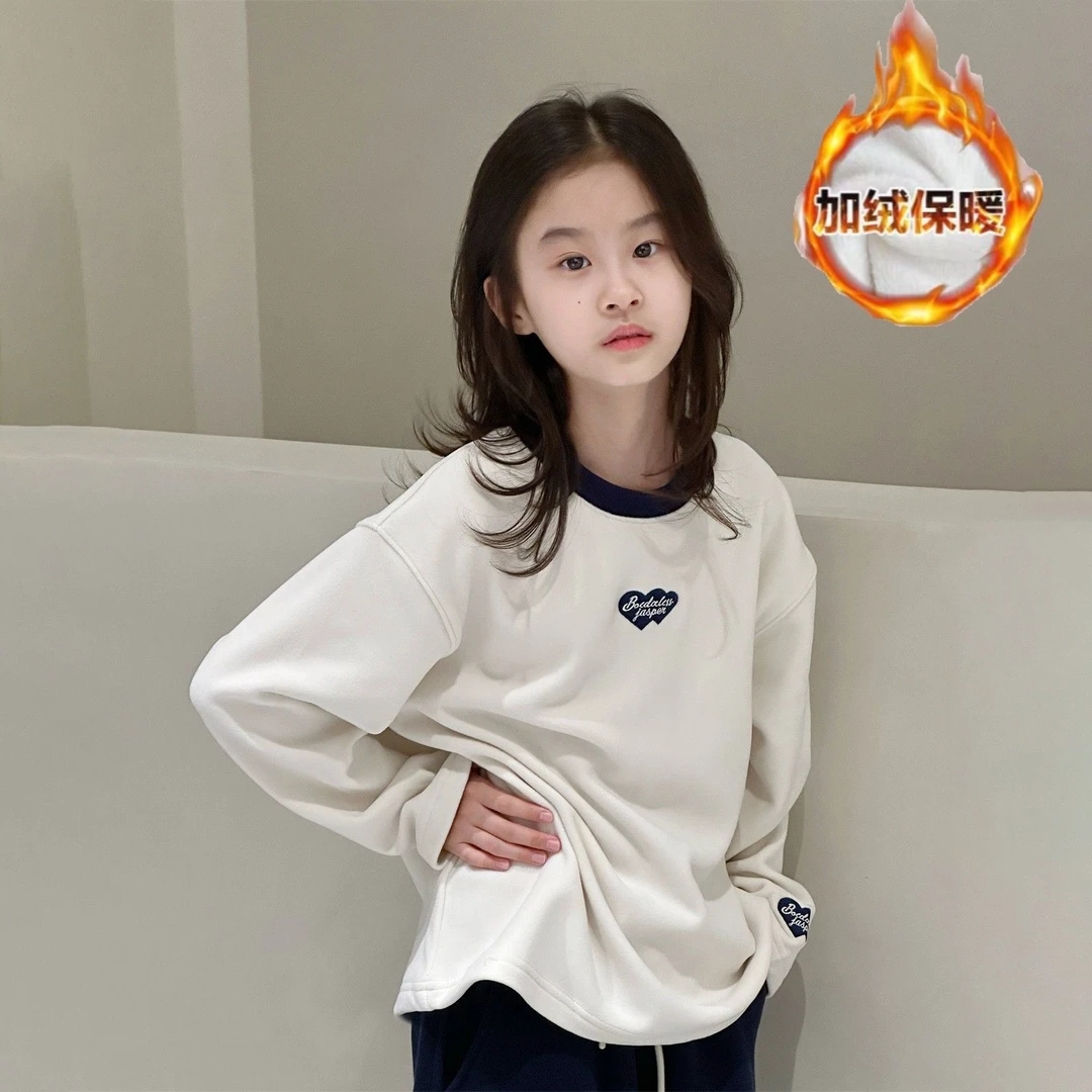 童装2025冬款男女童暖糯热肤绒T恤长袖圆领加绒加厚打底衫宽松