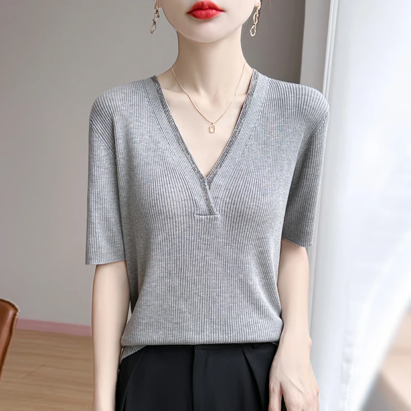 【超显瘦】100莱赛尔天丝V领烫钻短袖针织衫显瘦高弹洋气上衣