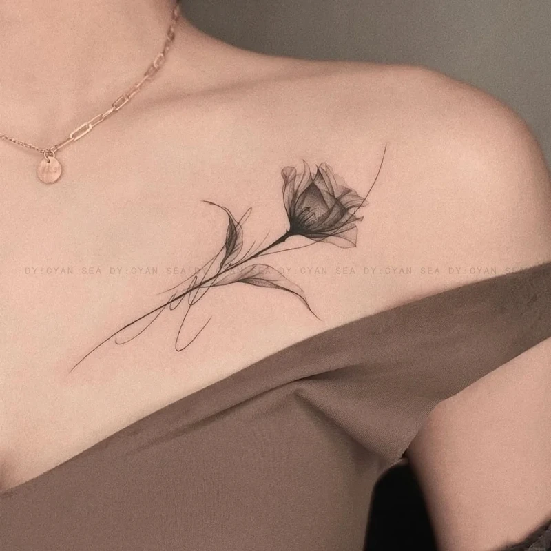 锁骨烟雾玫瑰草本果汁纹身贴防水女高级感半永久逼真唯美刺青色潮
