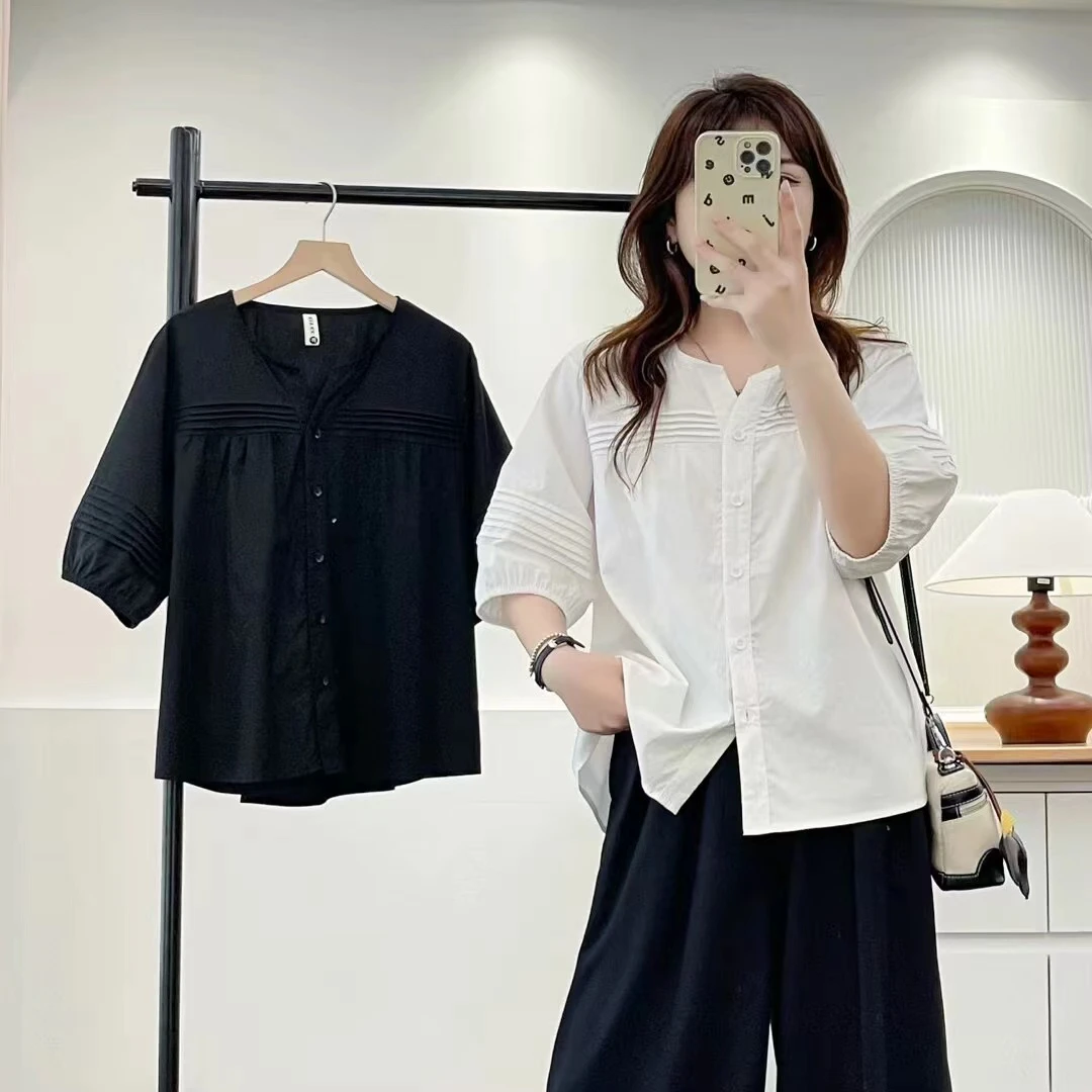 夏季宽松显瘦V领设计款衬衫 大码女装显瘦遮肚子高级感减龄