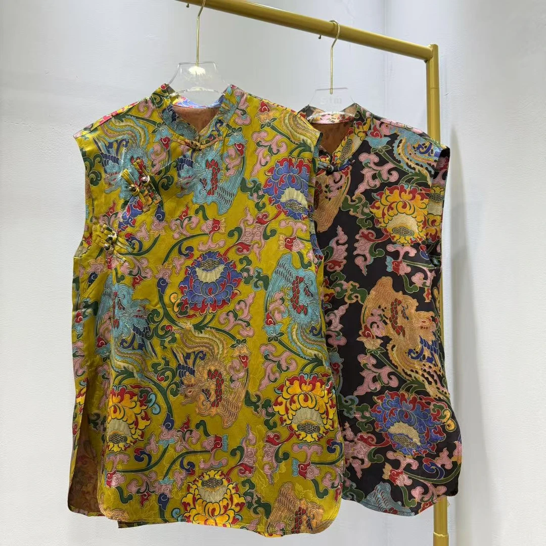 JING百搭长款网红印染国风双层气质提花上衣薄款ins无袖