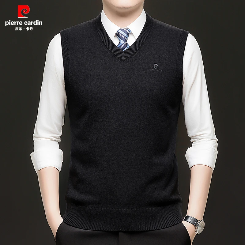 皮尔卡丹专柜加厚针织衫V领背心马甲男士秋冬季无袖鸡心领毛衣男