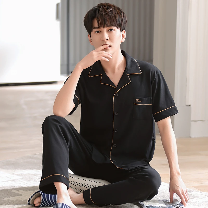 夏季短袖睡衣套装男士长裤家居服加肥加大码开衫可外穿夏天青少年