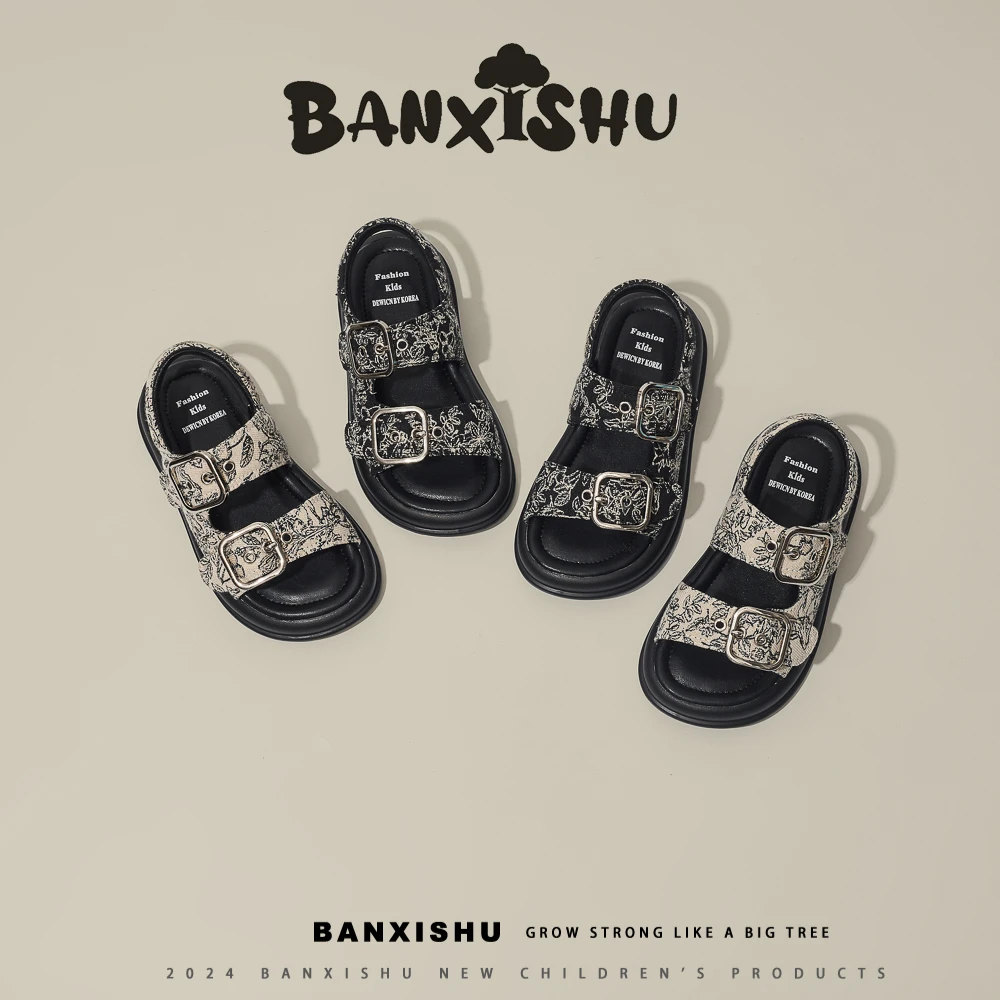 BANXISHU女童凉鞋夏款儿童沙滩鞋夏季男童鞋子国风印花韩版休闲鞋
