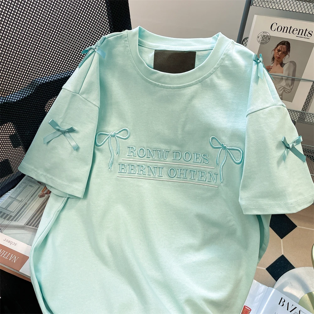 纯棉大码300斤薄荷绿甜美蝴蝶结刺绣短袖T恤男女宽松小清新上衣夏