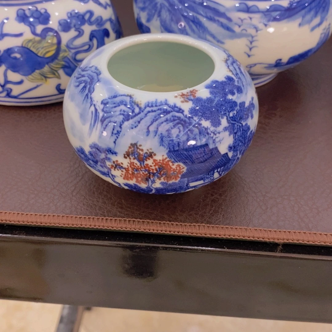 喵***鱼青花釉里红的山水水盂