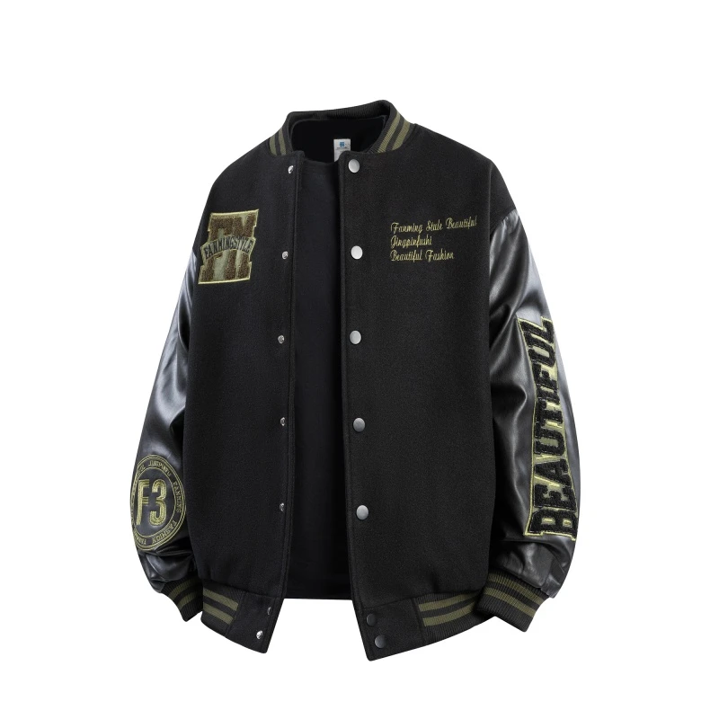 美式夹棉加厚复古棒球服潮牌拼接毛巾绣冬季情侣百搭夹克棉衣外套