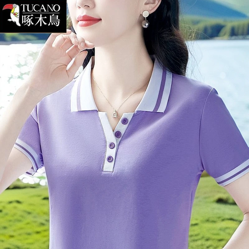 啄木鸟夏季短袖纽扣POLO领拼色上衣2025年新款运动休闲百搭T恤女
