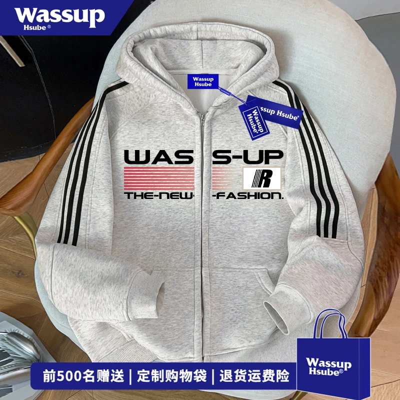 WASSUP HSUBE欧美式旗帜字母印花开衫卫衣男女秋冬休闲风连帽外套