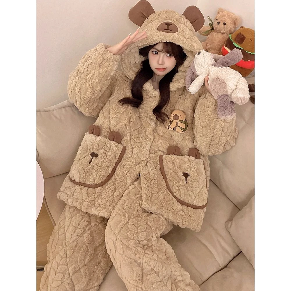 元族珊瑚绒睡衣女加绒加厚秋冬季加大码可外穿卡通三层夹棉家居服