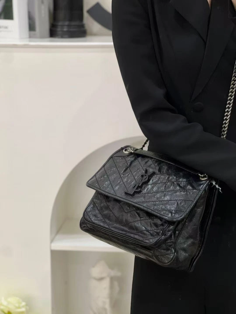 未使用 YSL/圣罗兰 niki中号黑银新款d扣单肩包/甄选
