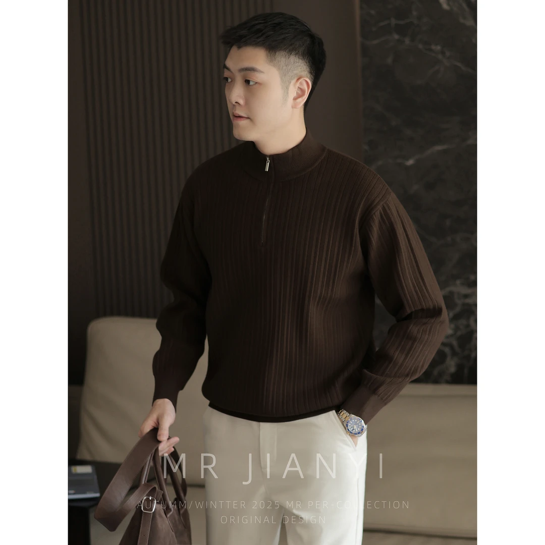MR JIANYI 秋冬竖纹坑条感半拉链长袖打底针织衫高智感百搭毛衣男