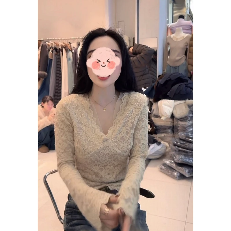 加绒性感蕾丝钩花打底衫女保暖2025新款气质别致洋气修身内搭上衣