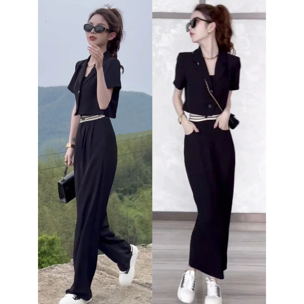 阔腿夏季冰感短款通勤2024洋气纸片西装套装显瘦裤半身裙感两件套