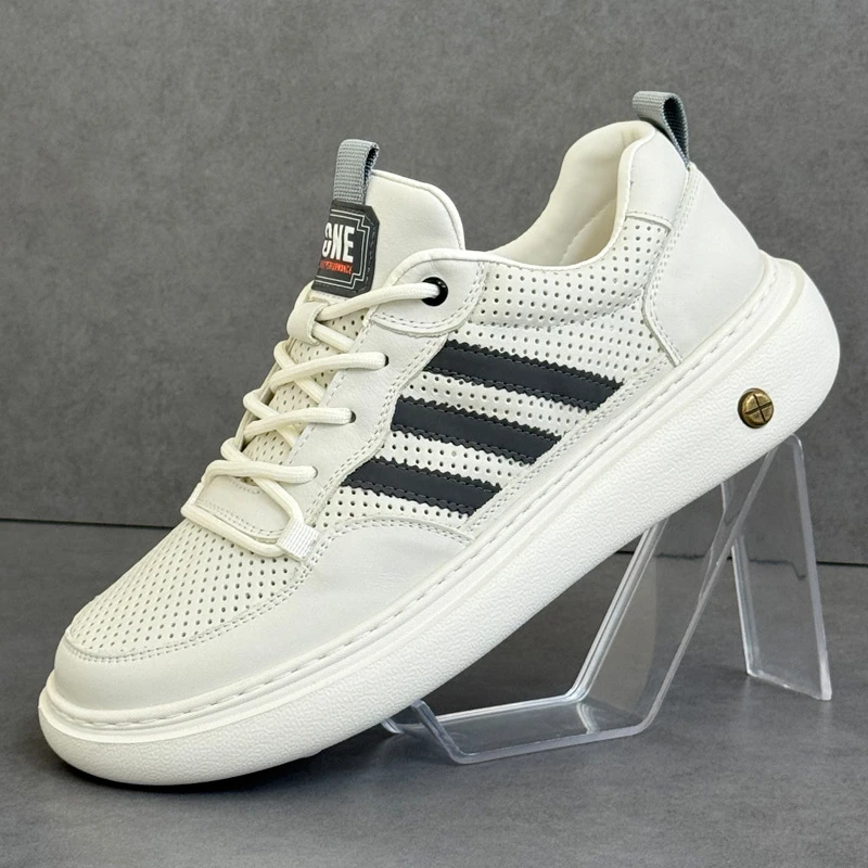 男鞋夏季新款真皮镂空透气小白鞋轻便厚底板鞋百搭男士休闲运动鞋