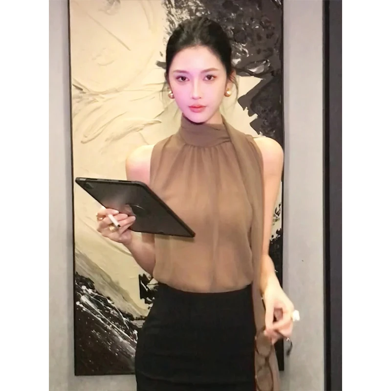 复古性感气质飘带无袖雪纺温柔纯欲上衣衬衫内搭抹胸女半身裙套装