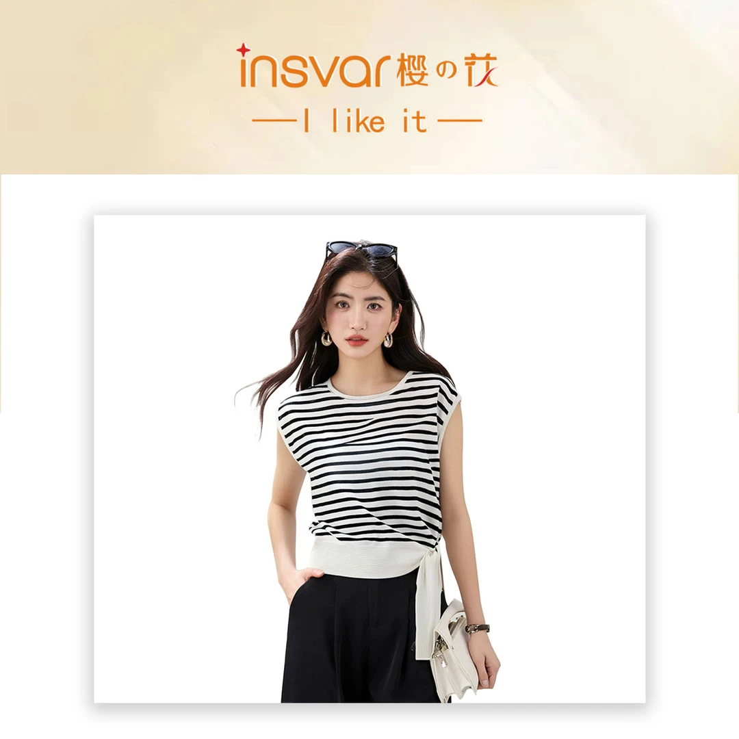 圆领印花短袖T恤条纹短款绑带打底无袖针织时尚撞色