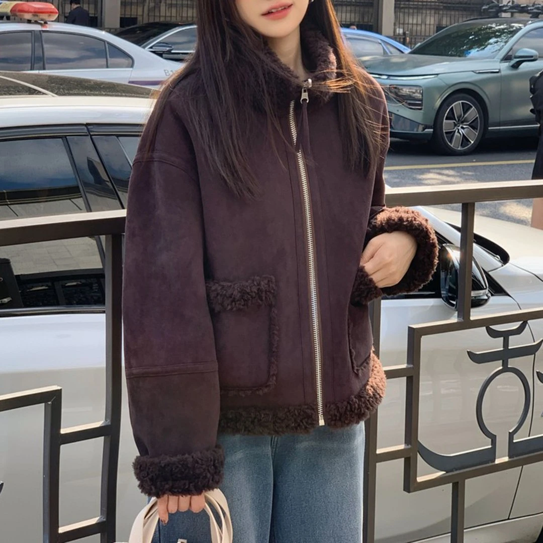 韩系高级感毛毛加绒外套冬季新款加绒加厚皮毛一体爆款短款夹克