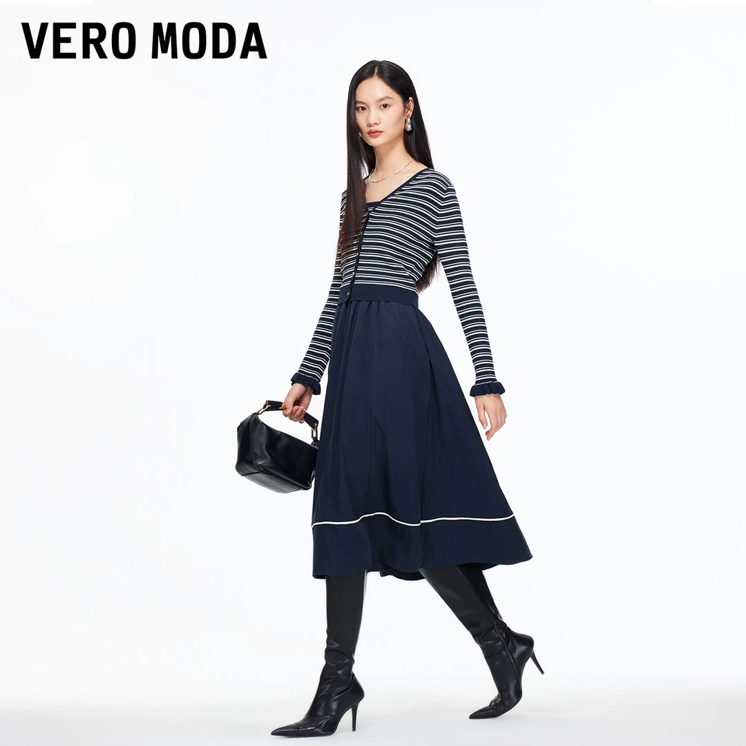 Vero Moda连衣裙女2025冬季新款条纹真两件A字中长裙显瘦百搭通勤