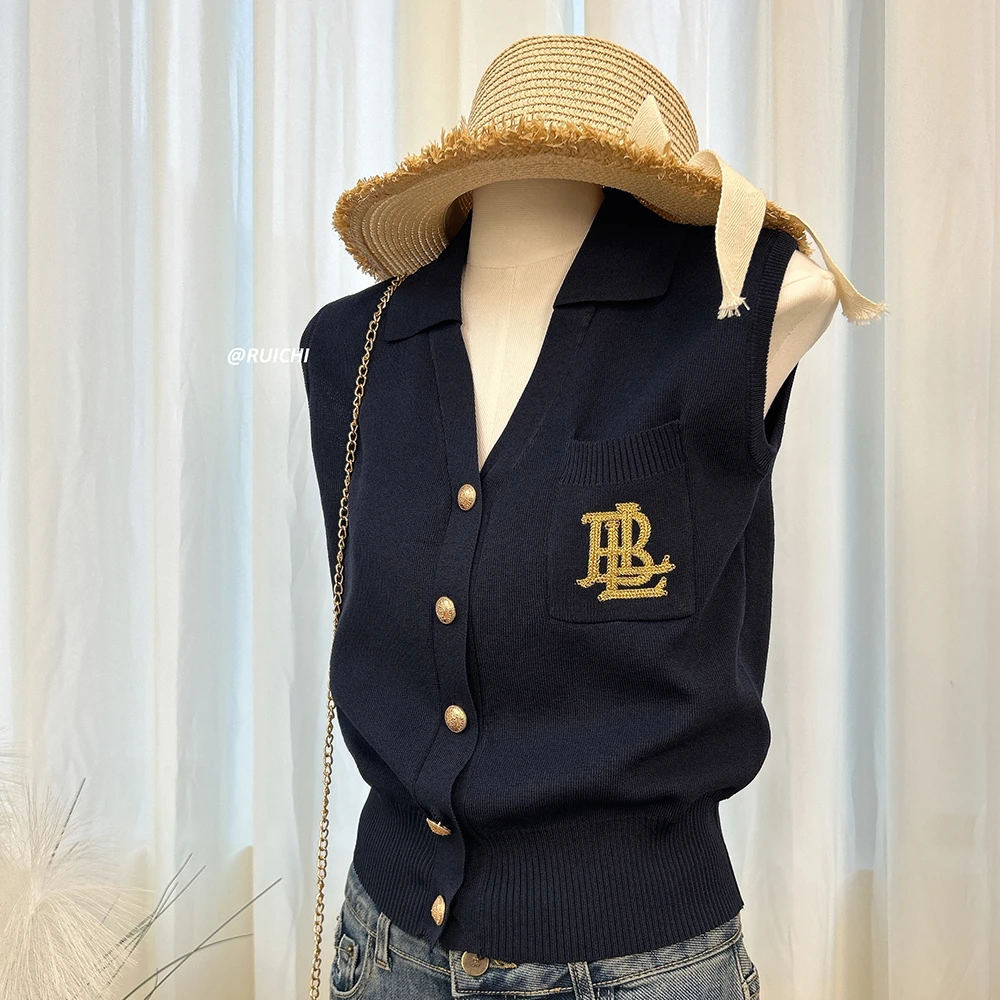 2025夏季韩系慵懒风V领无袖字母刺绣高级感修身透气针织开衫