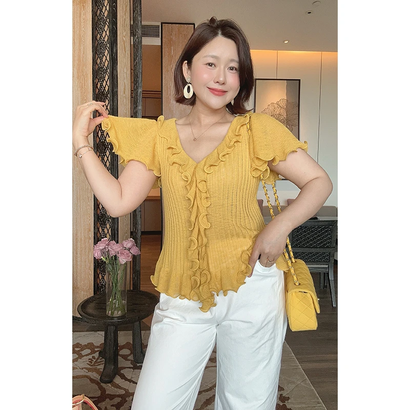 【DIS 现货】【芝士蛋卷】夏季百搭V领荷叶边短袖针织衫Z525Z10210