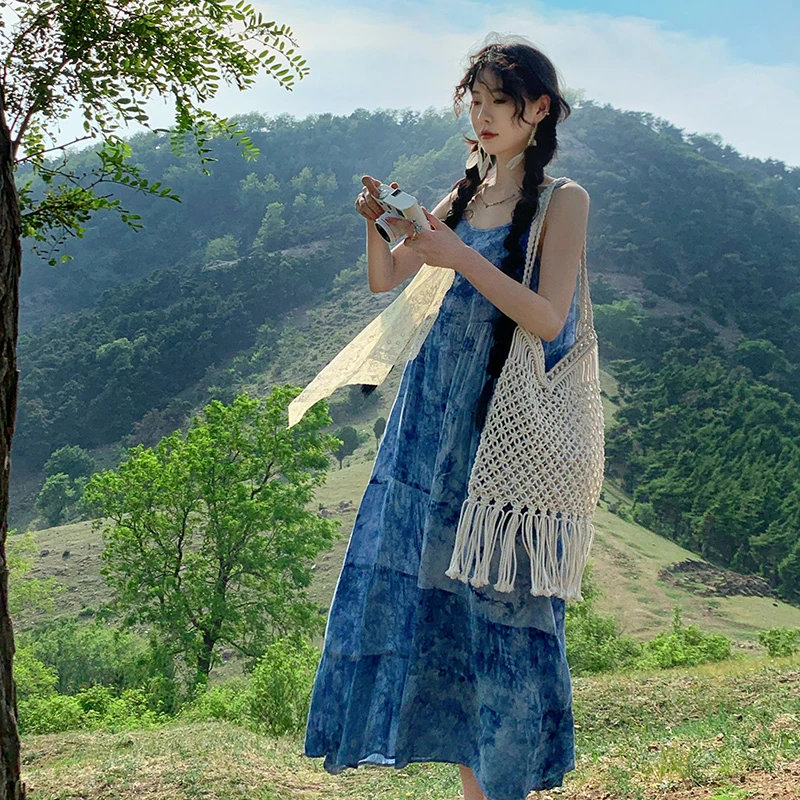 云南扎染无袖连衣裙超仙海边度假吊带裙民族风新款