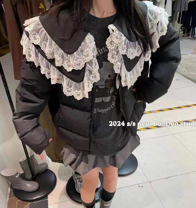 （娃娃sexy）2024冬款蕾丝娃娃领韩版重工女棉服外套面包服7033