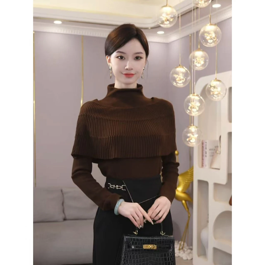 2026秋冬新款【8397】含绵羊毛韩系气质极简假两件咖色针织衫毛衣女