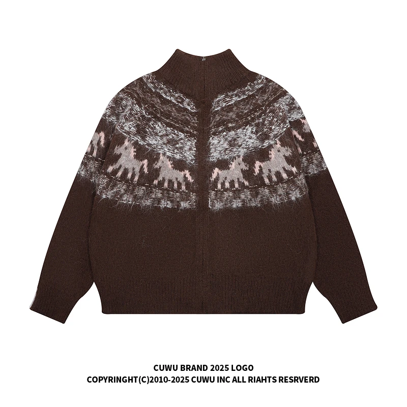 cuwu费尔岛小马提花高领拉链毛衣外套女秋冬加厚慵懒复古针织开衫