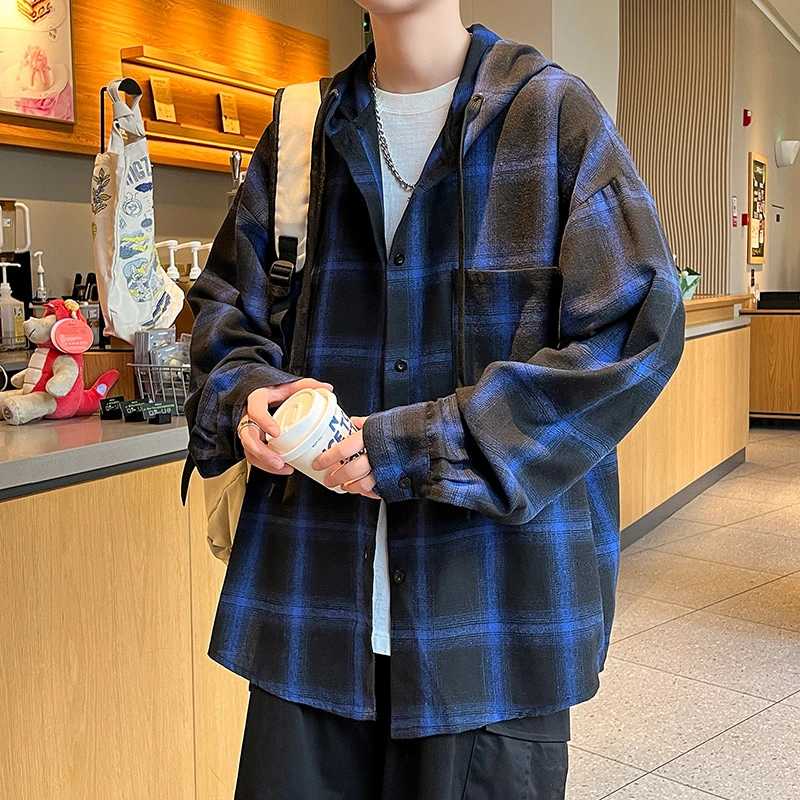 夏季新款青少年长袖连帽格子外套男生学生潮流帅气上衣服工装夹克