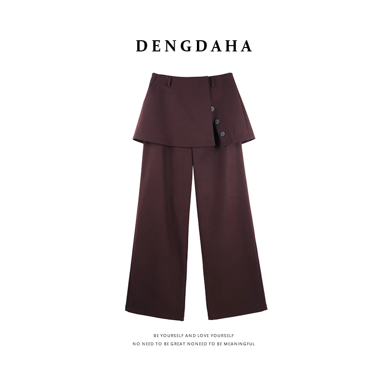 DENGDAHA「英伦行者」休闲风 不规则纽扣高腰阔腿裤HBZXP720047