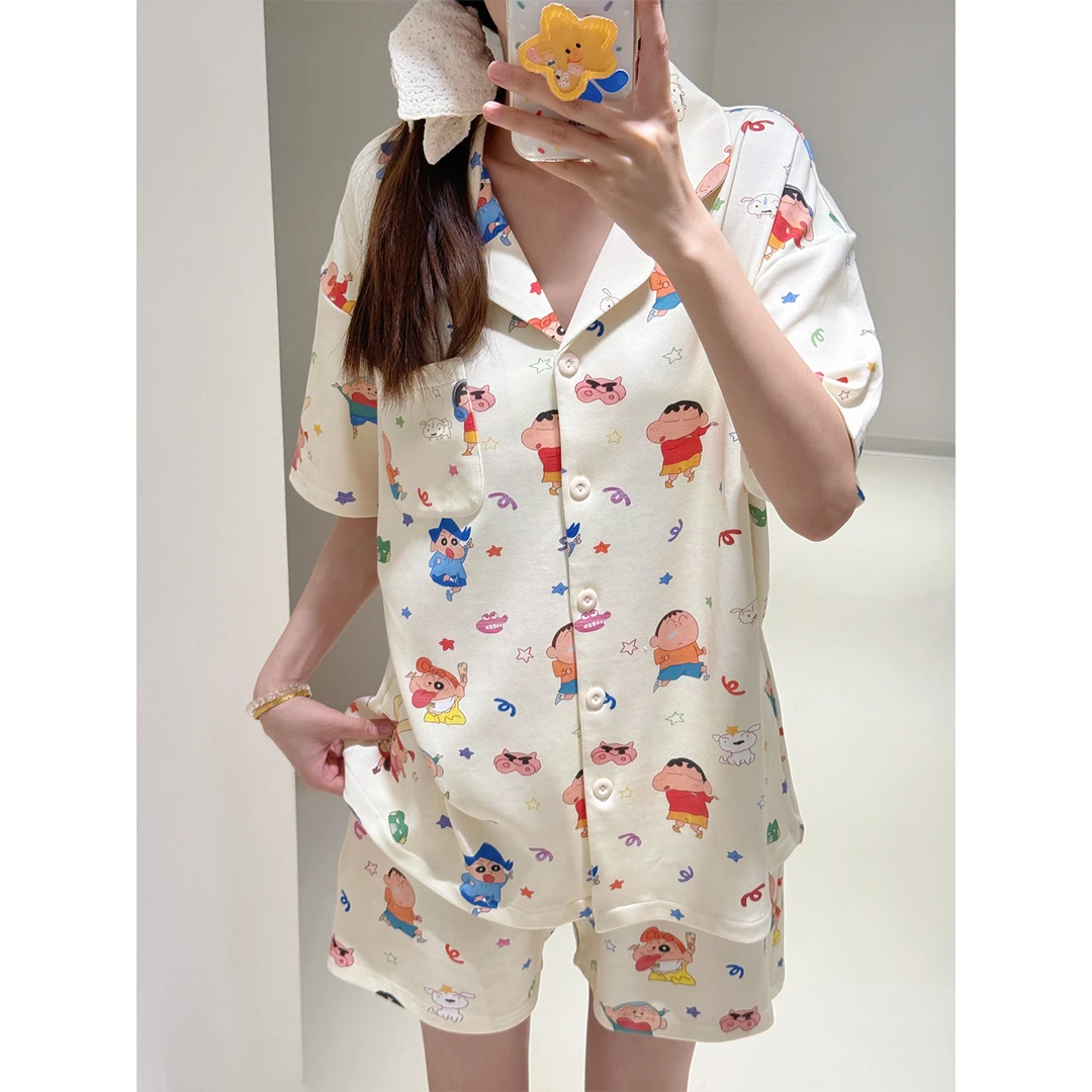 睡衣女夏季纯棉短袖日系卡通蜡笔小新宽松薄款可外穿家居服套装