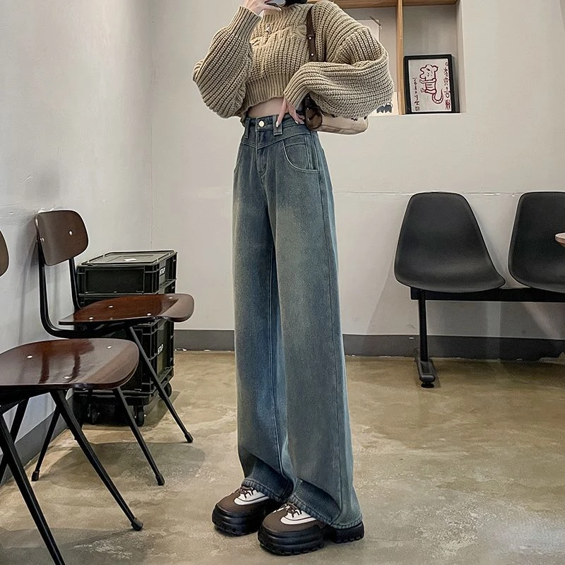 星空纹阔腿裤牛仔裤女复古高腰胖MM显瘦秋冬直筒拖地长裤设计感潮