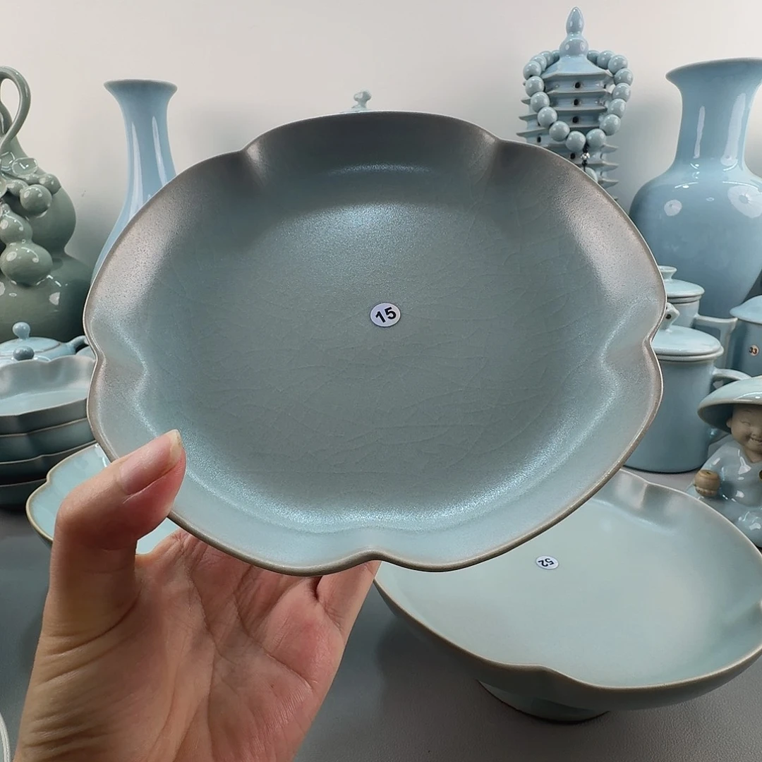 且***蓝摆件微微瑕汝窑仿古釉高足盘