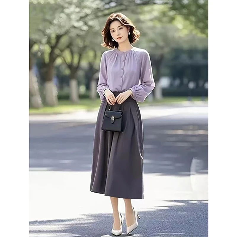 2025夏季韩式新款时尚气质高级感紫色衬衫灰色半身裙小众两件套女