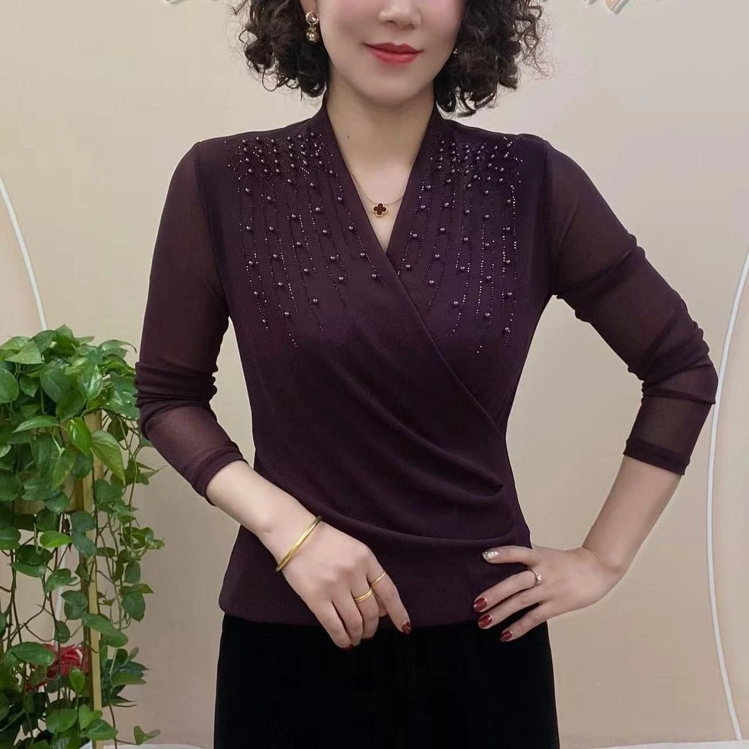 气质春秋优雅新款打底时尚交叉遮肉洋气弹力网纱显瘦长袖上衣小衫