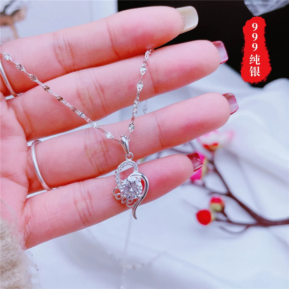 坠链均足银 足银精工合成锆简约心中有你LOVE项链