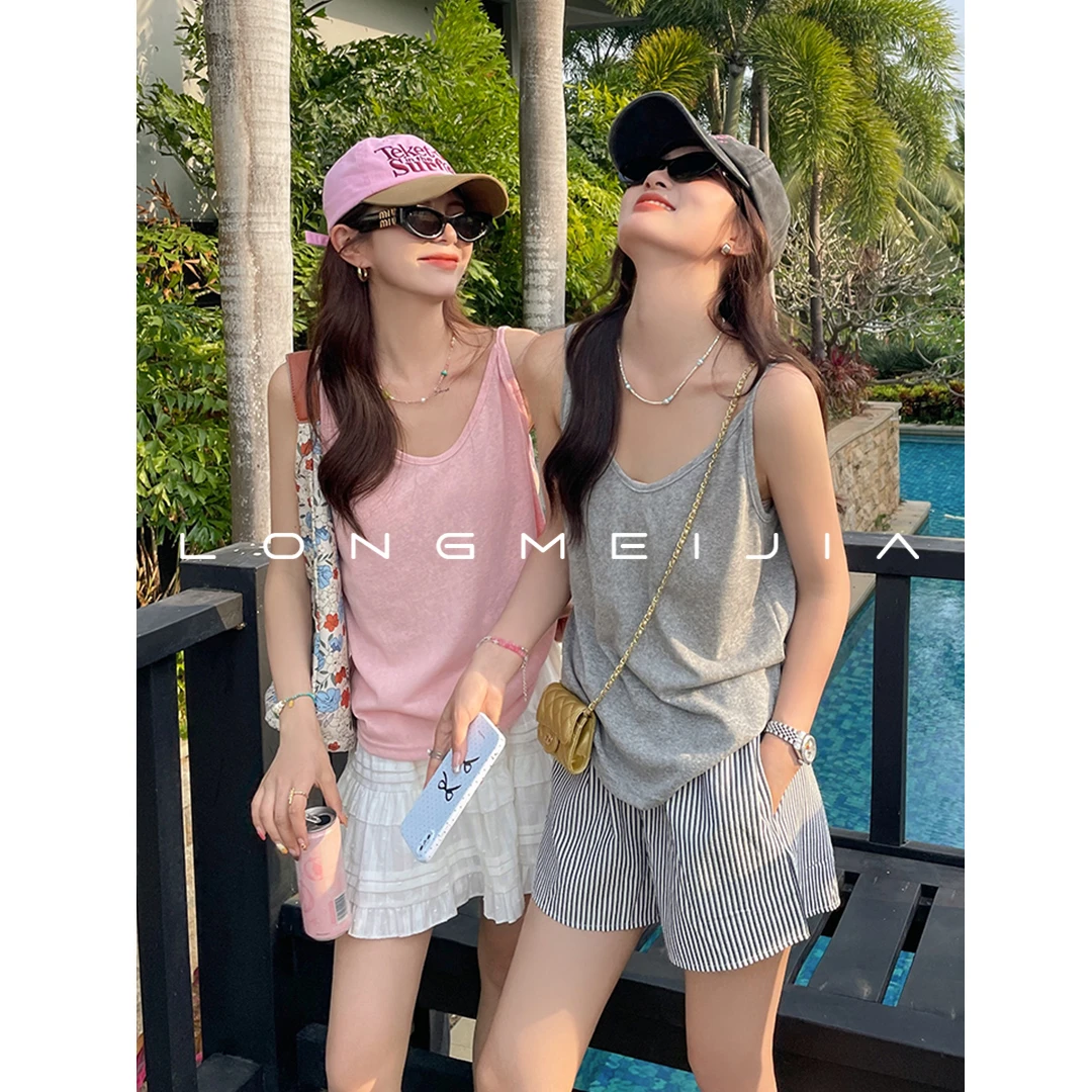 灰色V领宽松吊带背心女内搭2025夏季新款粉色外穿凉感打底上衣