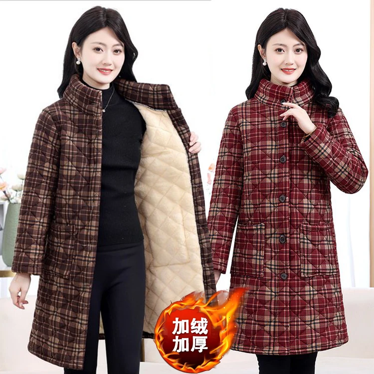 妈妈装休闲格子中长款棉服冬装大码棉衣保暖中老年女装冬季外套