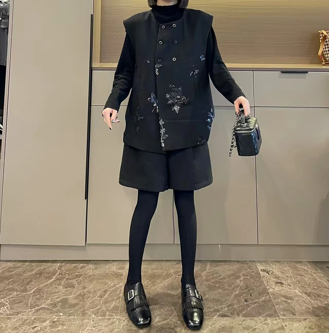 米可/MK-2953LJ【别致不规则马甲+中裤套装】时尚秋季新款两件套