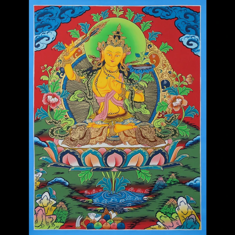 尼泊尔天然矿物质手绘彩色--文殊唐卡约45x60cm左右 G12240204-25