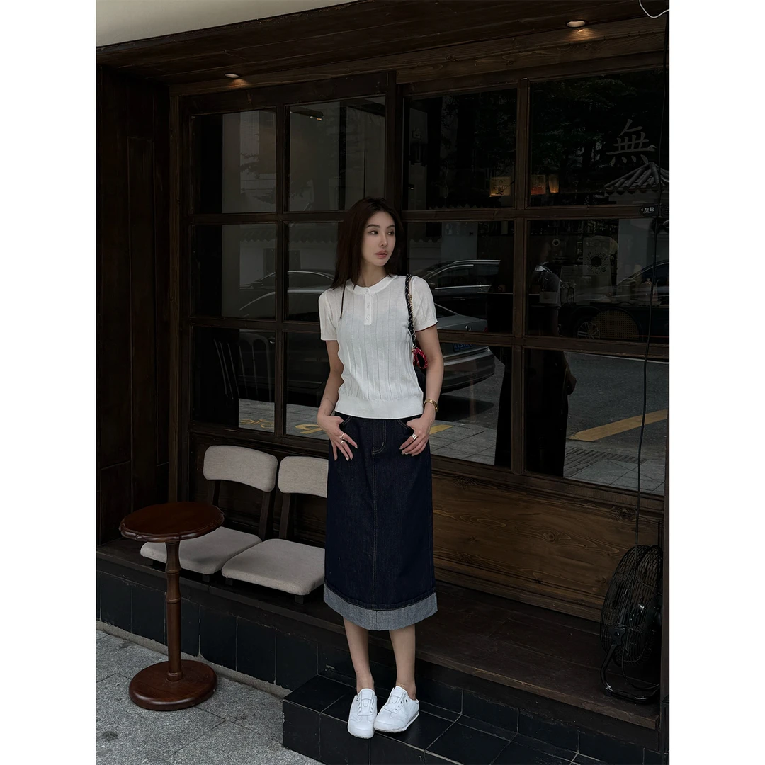 【岛屿沉眠】“牛仔裙”极简明线拼接宽松后开叉显瘦透气半身裙21617